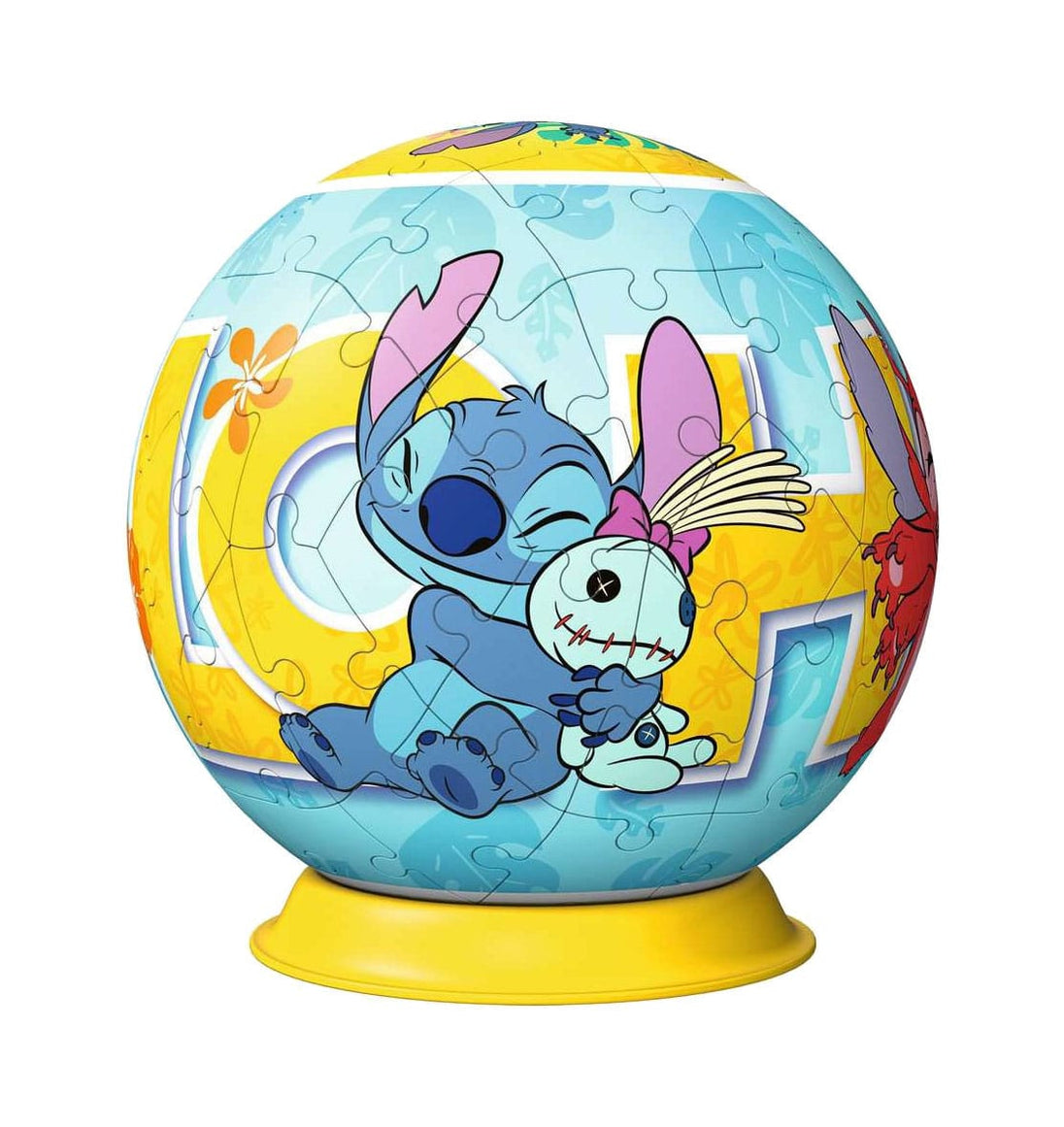 Puzzle 3D Disney Stitch Puzzle-Ball Ravensburger de 73 pièces sur son socle, vue de face