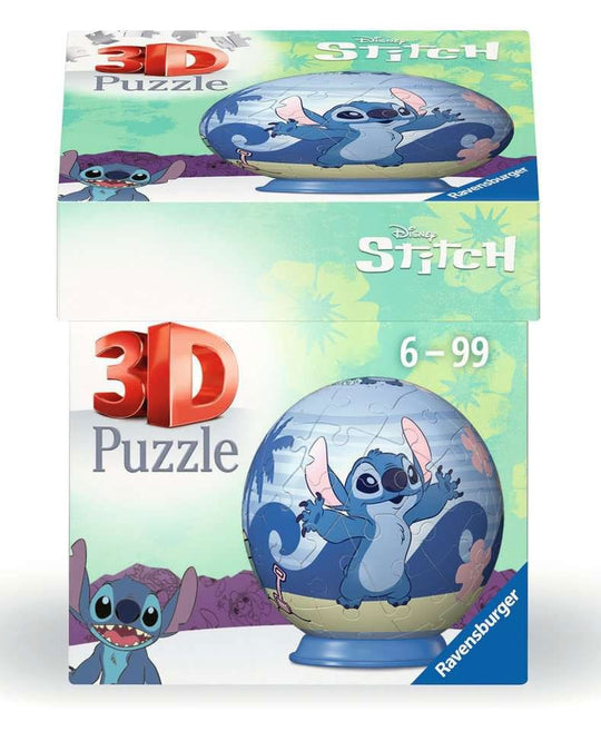 Gros plan sur le Puzzle-Ball 3D Stitch de Ravensburger, montrant la texture et les détails