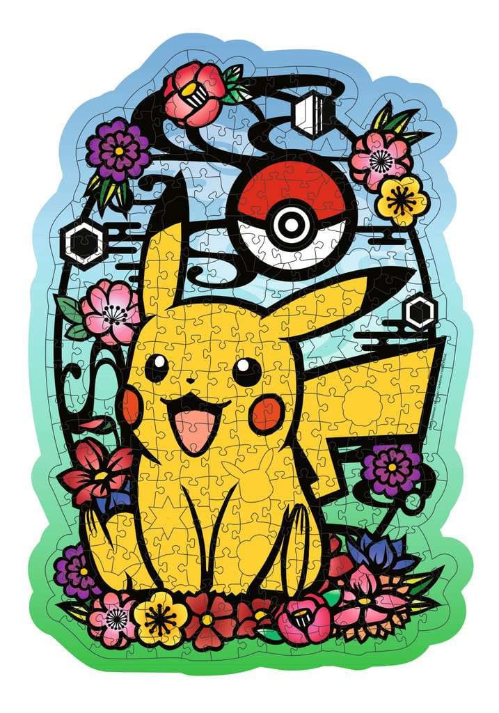 Détail des pièces en bois et des figurines whimsies du puzzle Pikachu
