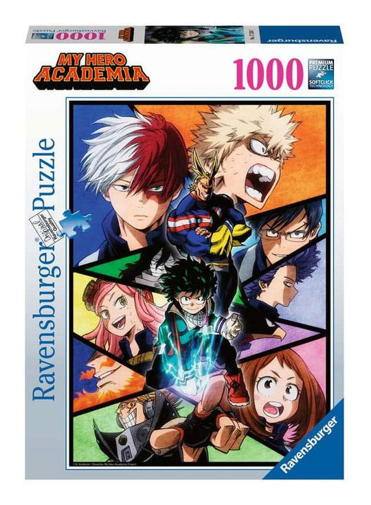 Puzzle My Hero Academia Collage 1000 pièces Ravensburger, vue d'ensemble du design avec les personnages principaux.