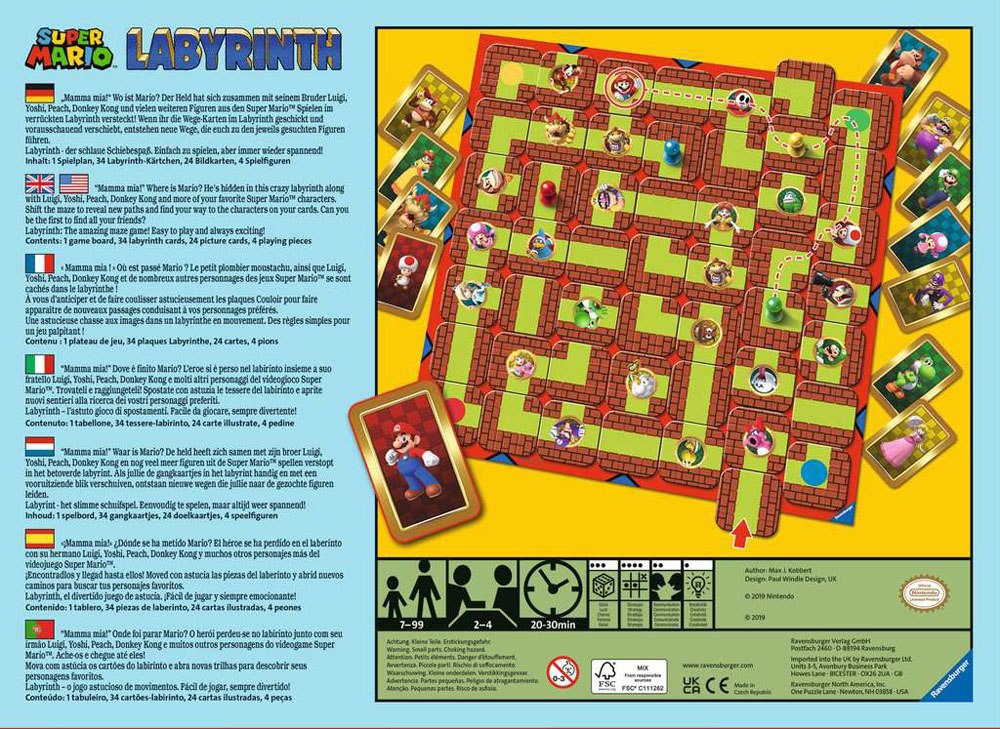 Scène de jeu Super Mario Labyrinth avec plateau, tuiles mobiles et pions personnages