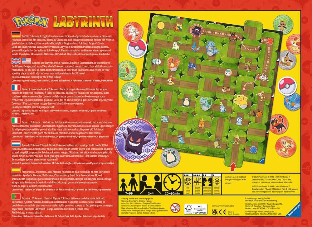 Vue d'ensemble du plateau de jeu Pokémon Labyrinth en pleine partie avec des tuiles et des pions Pokémon