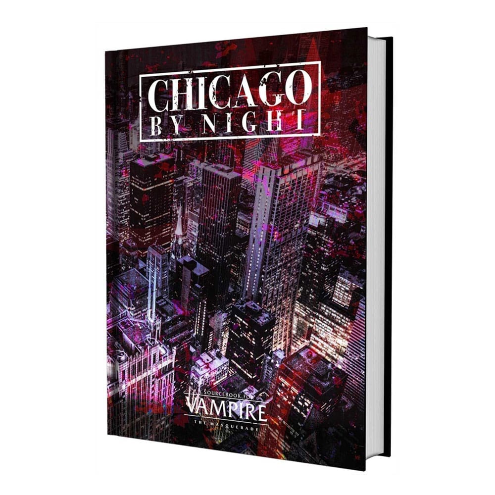 Couverture du livre Vampire: The Masquerade 5ème édition Chicago By Night Sourcebook, montrant un vampire stylisé devant un paysage urbain sombre de Chicago.