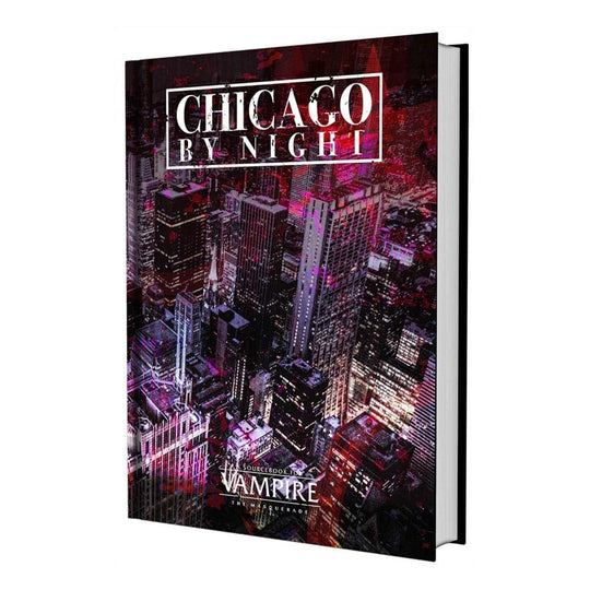 Couverture du livre Vampire: The Masquerade 5ème édition Chicago By Night Sourcebook, montrant un vampire stylisé devant un paysage urbain sombre de Chicago.