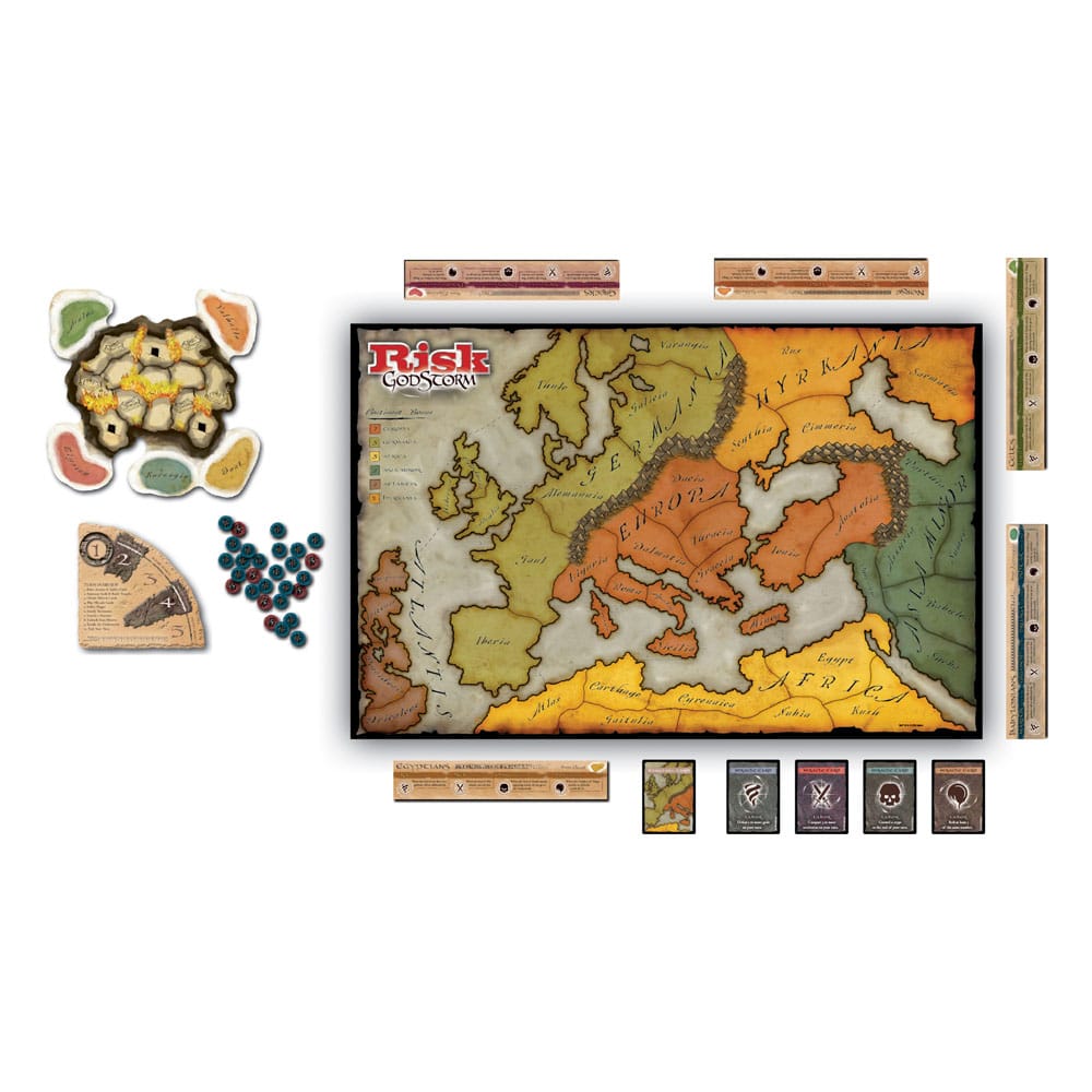Exemple de cartes et de pions du jeu Risk Godstorm ANGLAIS