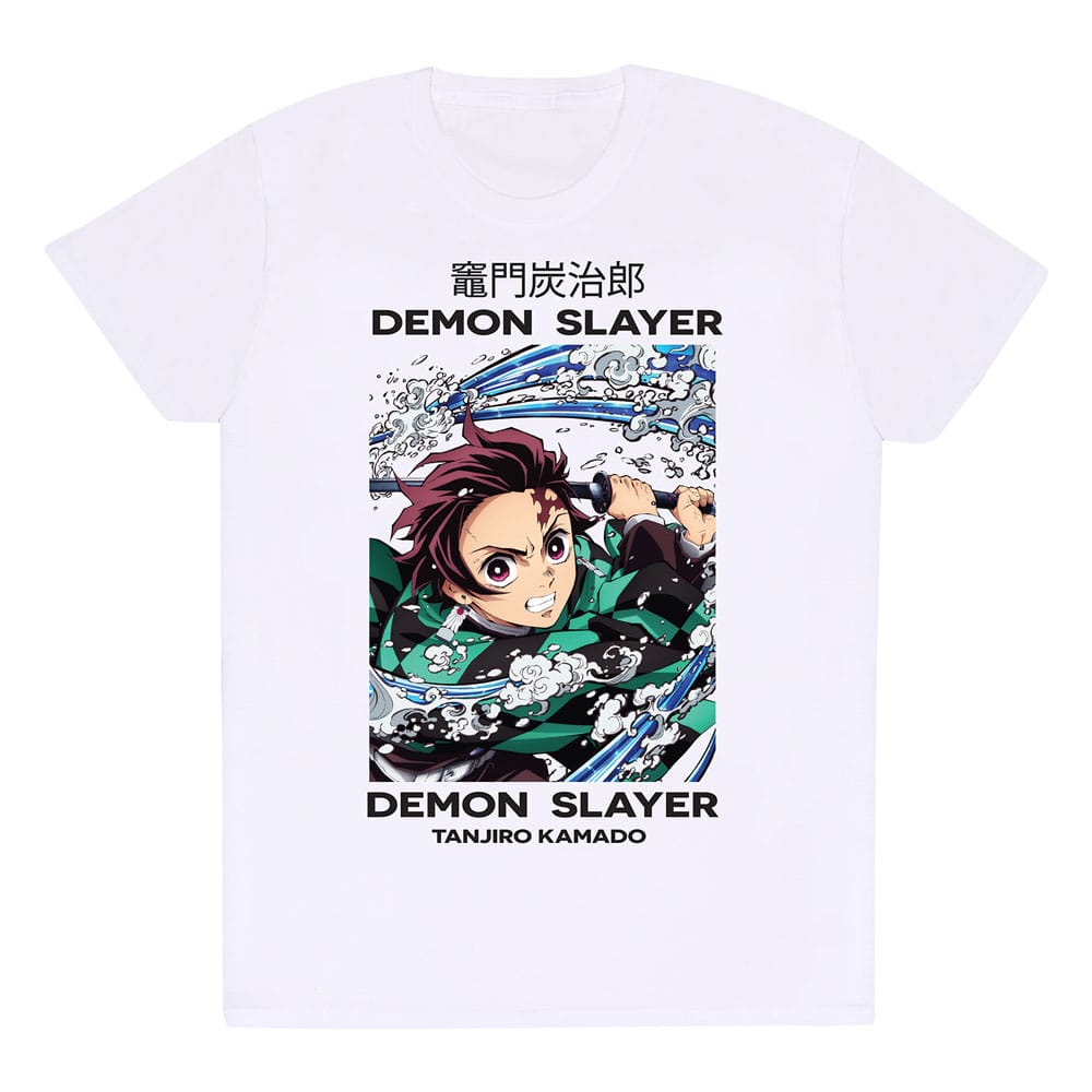 T-shirt Demon Slayer Kimetsu no Yaiba Whirlpool taille L, motif bleu et blanc inspiré de l'anime, sur fond blanc.