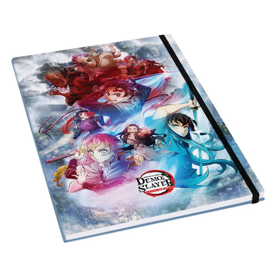 Carnet de notes Demon Slayer ouvert, montrant les pages lignées et le logo Kimetsu no Yaiba.
