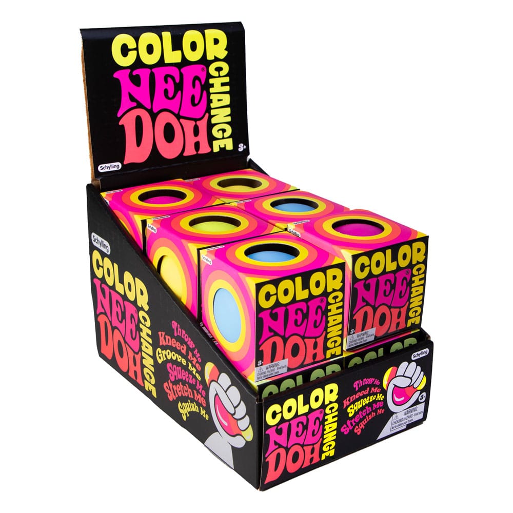 Présentoir complet de 12 balles NeeDoh Color Changing, prêtes à être découvertes.