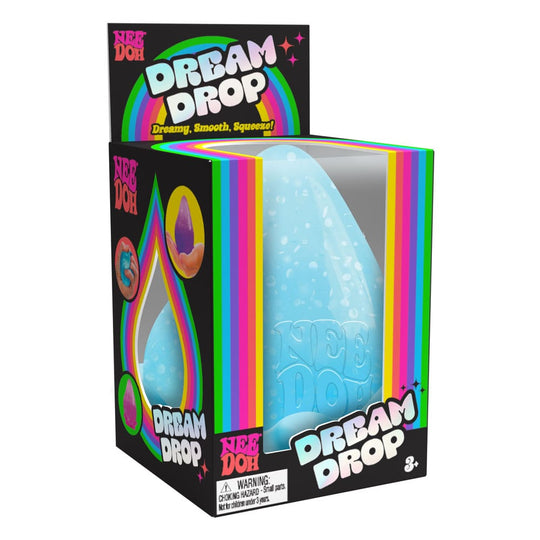 Gros plan sur une balle anti-stress NeeDoh Dream Drop bleue, texture gel