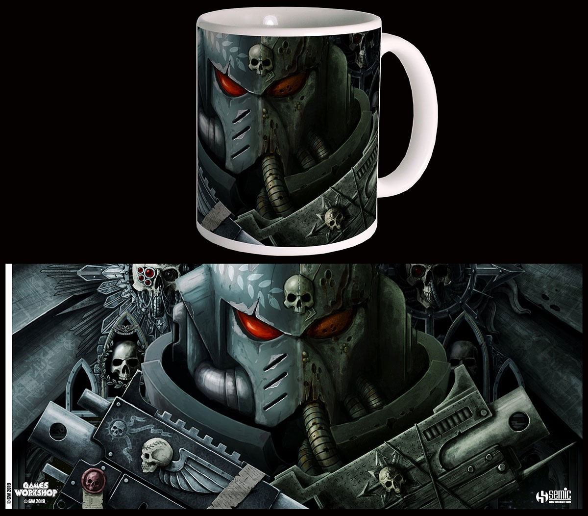 Mug Warhammer 40K Frontispiece Semic officiel en céramique, vue de face avec le décor imprimé détaillé de l'univers sombre.