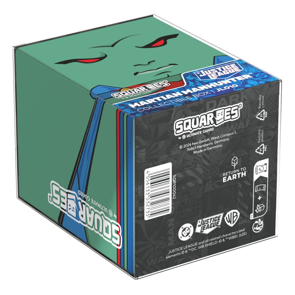 Emballage du Squaroe Martian Manhunter, soulignant l'origine et les matériaux