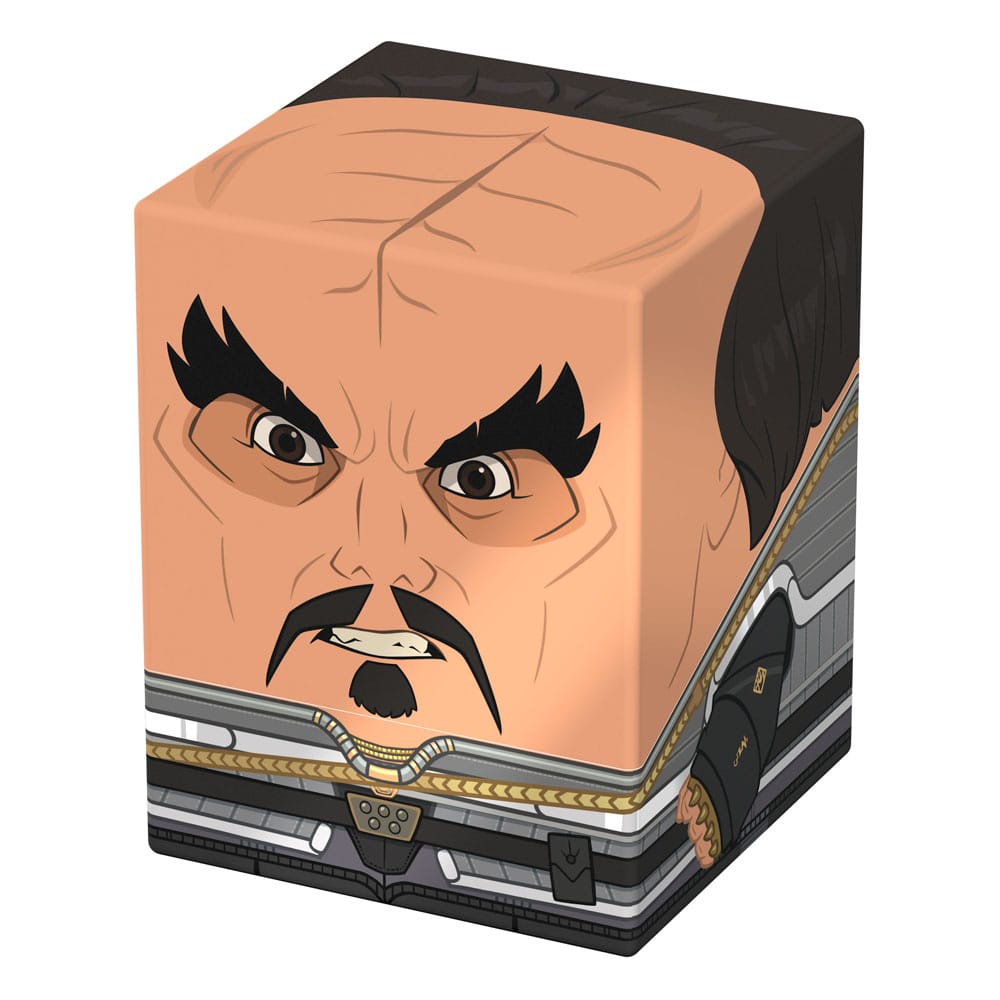 Squaroe Klingon ouvert, montrant l'intérieur et la capacité pour 100 cartes double sleeve