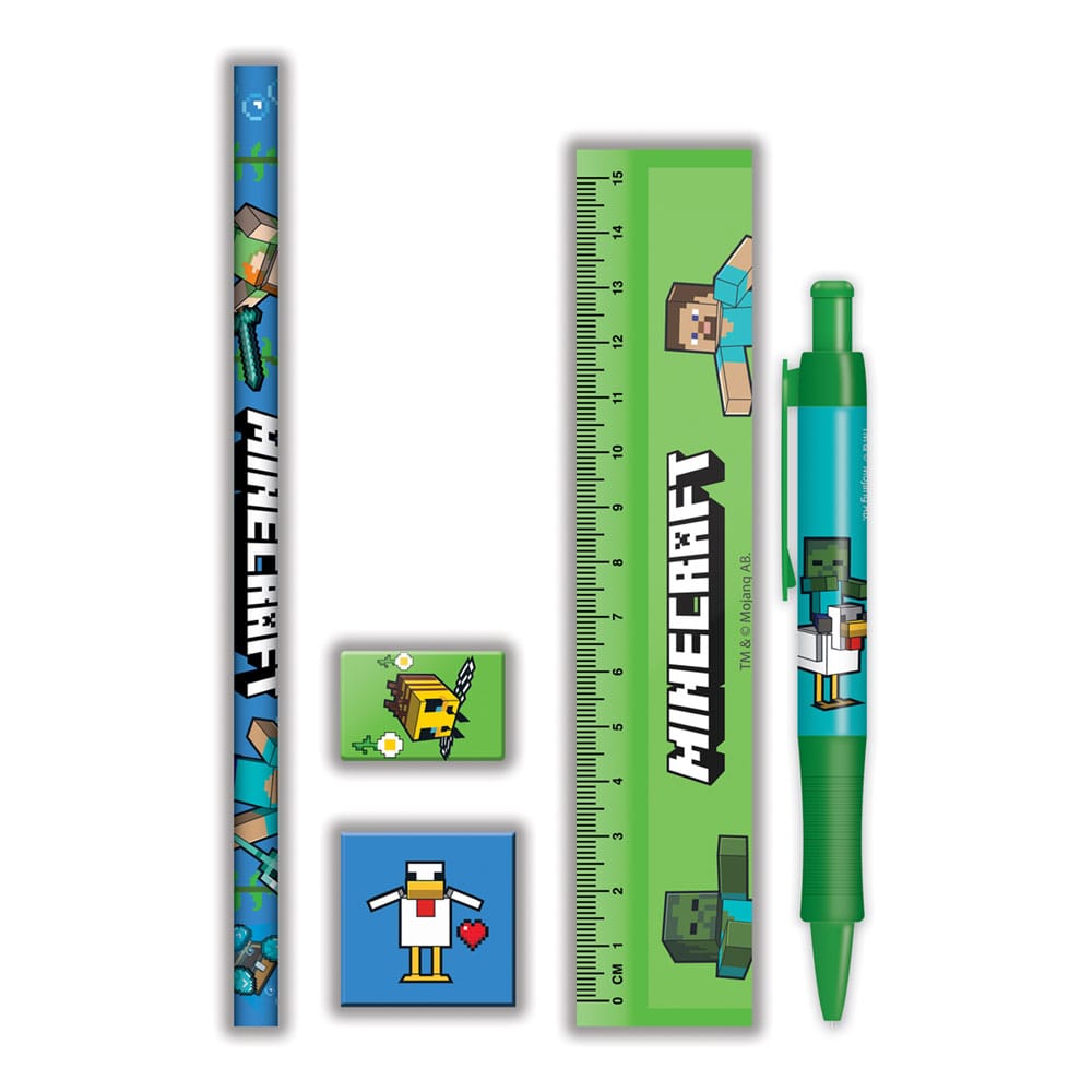 Set de papeterie Minecraft officiel 5 pièces en emballage blister avec crayon, taille-crayon, gomme, règle et stylo.