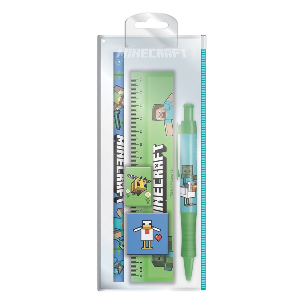 Gros plan sur les fournitures du set de papeterie Minecraft : crayon, gomme, règle et stylo à bille avec motifs du jeu.