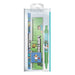 Gros plan sur les fournitures du set de papeterie Minecraft : crayon, gomme, règle et stylo à bille avec motifs du jeu.