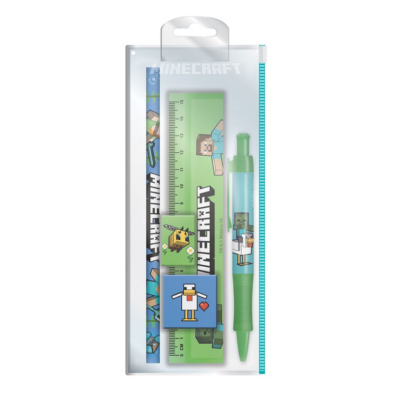 Gros plan sur les fournitures du set de papeterie Minecraft : crayon, gomme, règle et stylo à bille avec motifs du jeu.