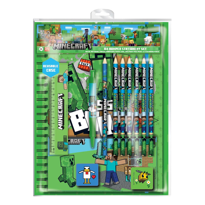 Set de papeterie Minecraft 12 pièces en emballage blister, avec crayon, stylo, gomme, taille-crayon, règle, trousse et 6 crayons de couleur.