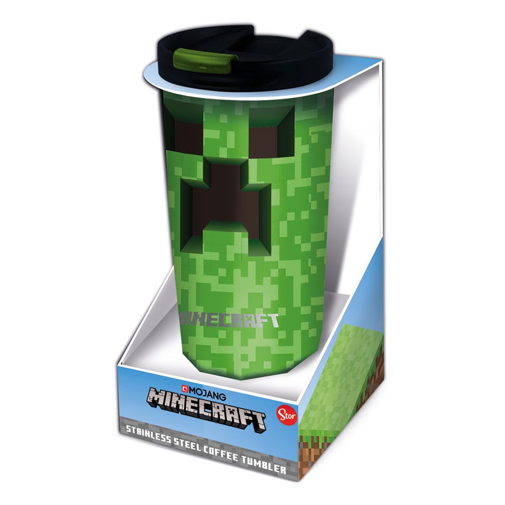 Gobelet de voyage isotherme Minecraft Creeper en métal Stor, vue de face avec le motif du Creeper vert