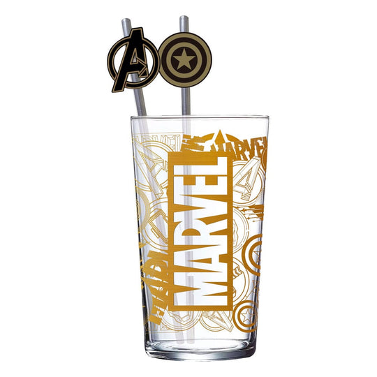 Verre tumbler Marvel Avengers avec logo et pailles métal, vue de face.