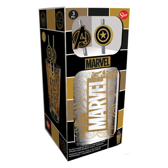 Détail du verre tumbler Marvel Avengers, montrant les pailles métal et le logo.