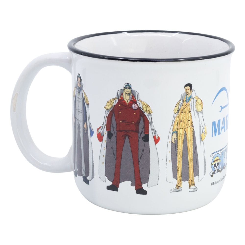 Mug One Piece Marineford 355ml, vue latérale montrant le logo One Piece et des scènes de bataille.
