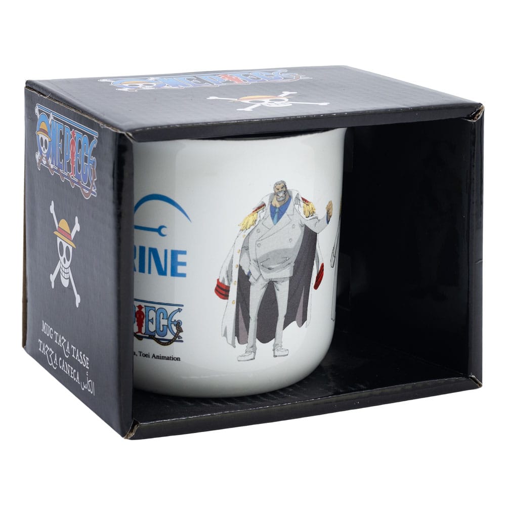 Mug One Piece Marineford Stor, gros plan sur la poignée et la qualité de l'impression.
