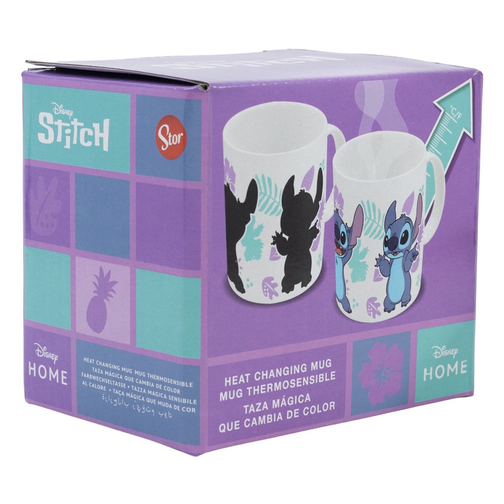 Gros plan sur le décor thermique de Stitch sur le mug Lilo & Stitch