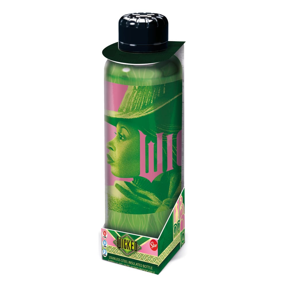 Bouteille métal Stor Wicked Elphaba et Glinda 500ml en acier inoxydable sur fond blanc, montrant les illustrations des personnages