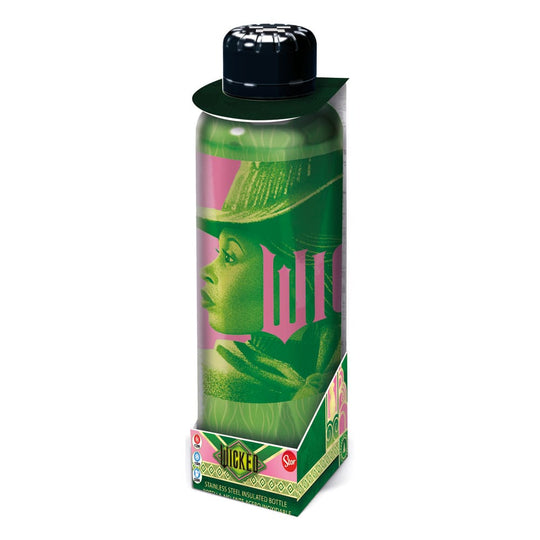 Bouteille métal Stor Wicked Elphaba et Glinda 500ml en acier inoxydable sur fond blanc, montrant les illustrations des personnages