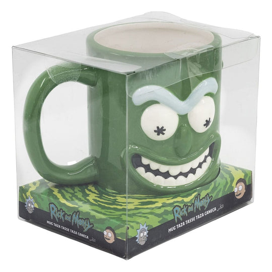 Mug 3D Rick & Morty Pickle Rick de face, montrant les détails du visage et du corps.
