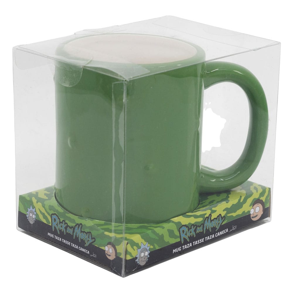 Mug 3D Pickle Rick de Rick & Morty, vue latérale ou arrière, mettant en valeur la texture et la capacité de 739ml.