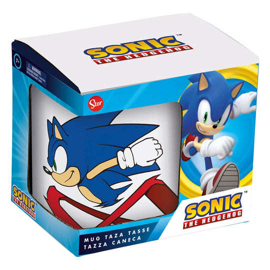 Mug Sonic The Hedgehog Rolling 325ml de face, montrant Sonic en pleine course sur fond bleu