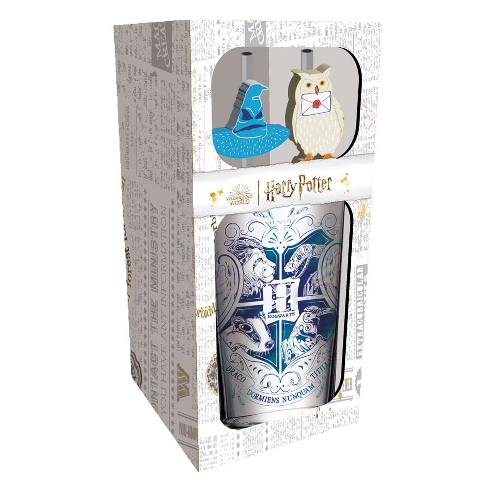 Verre tumbler Harry Potter Poudlard avec pailles en métal, capacité 485 ml, marque Stor, fond blanc