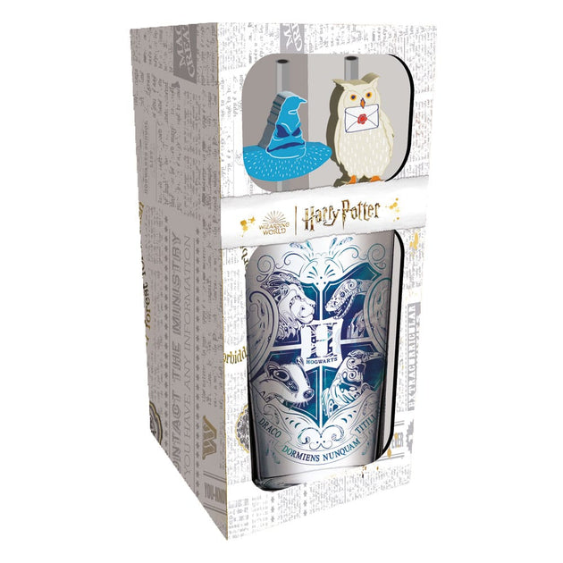Verre tumbler Harry Potter Poudlard avec pailles en métal, capacité 485 ml, marque Stor, fond blanc