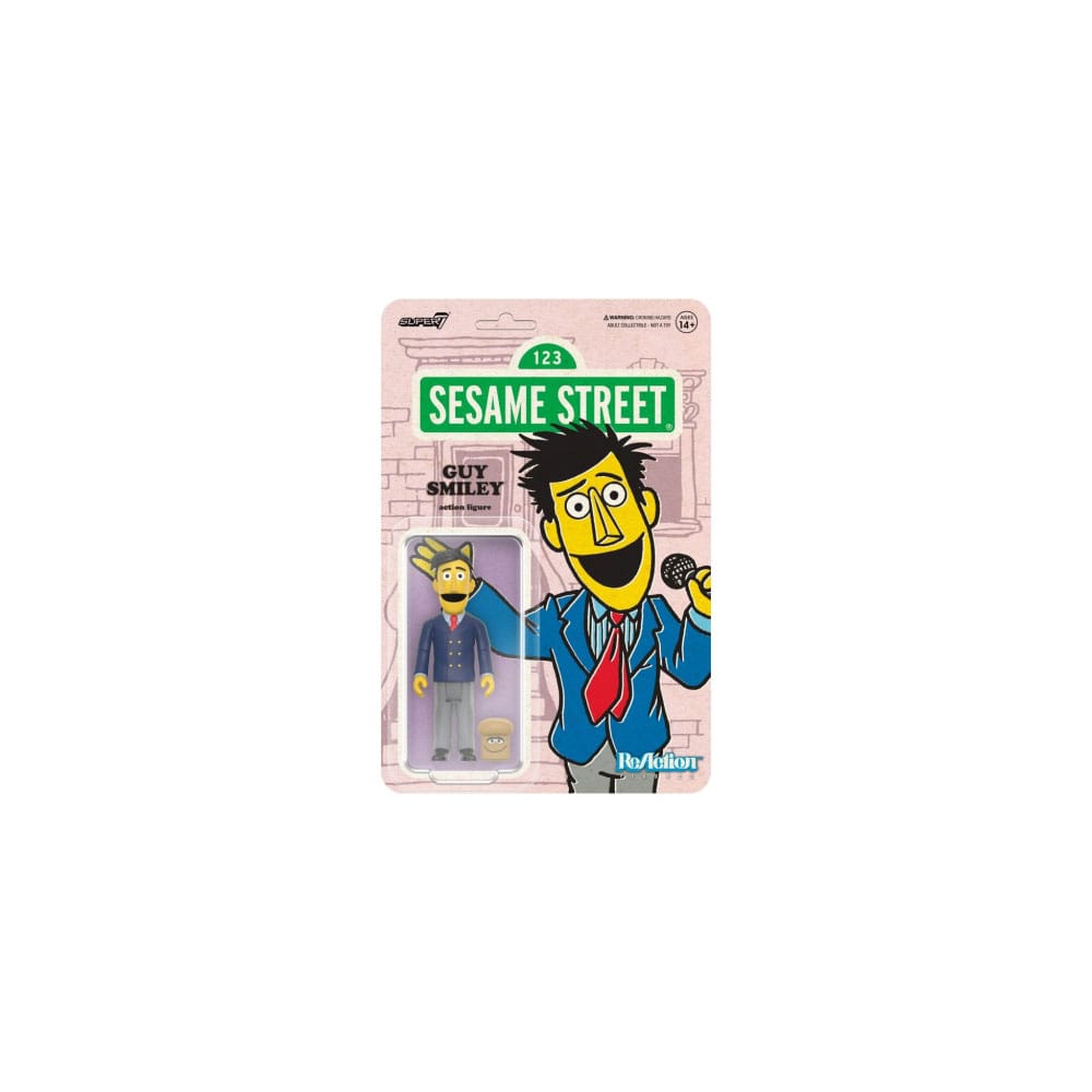 Figurine Super7 ReAction Guy Smiley Rue Sésame 10cm avec pain, vue de face