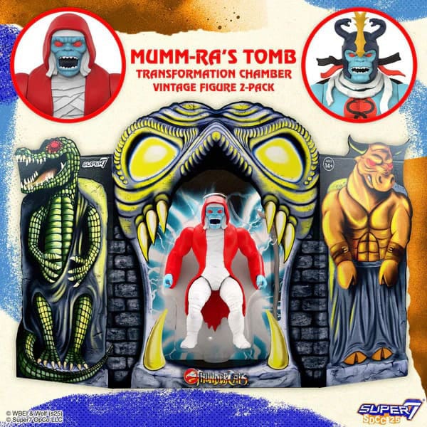 Vue latérale des figurines Cosmocats Mumm-Ra's Tomb en emballage boîte-fenêtre