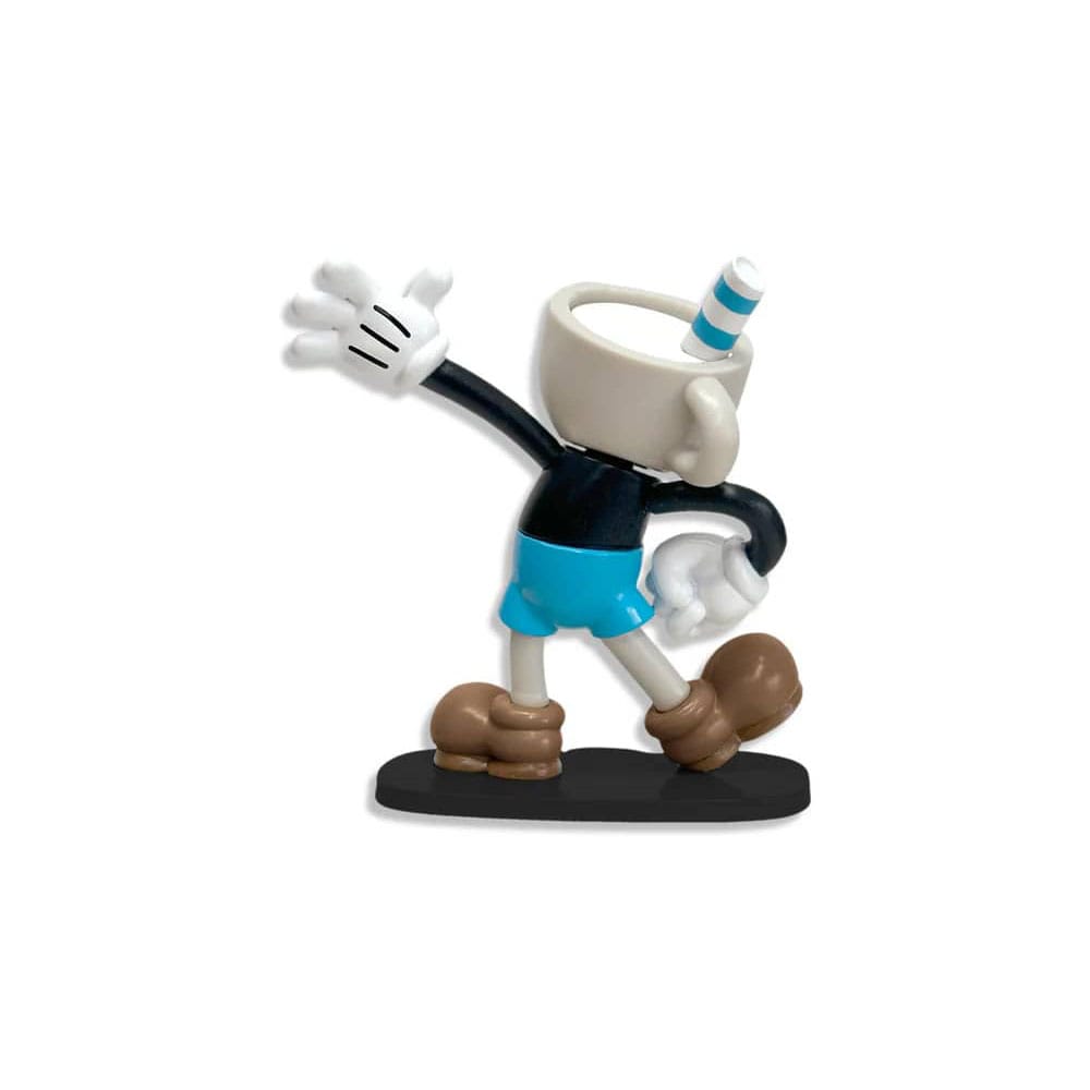 Figurine Mugman Cuphead, vue de profil avec sa pose emblématique