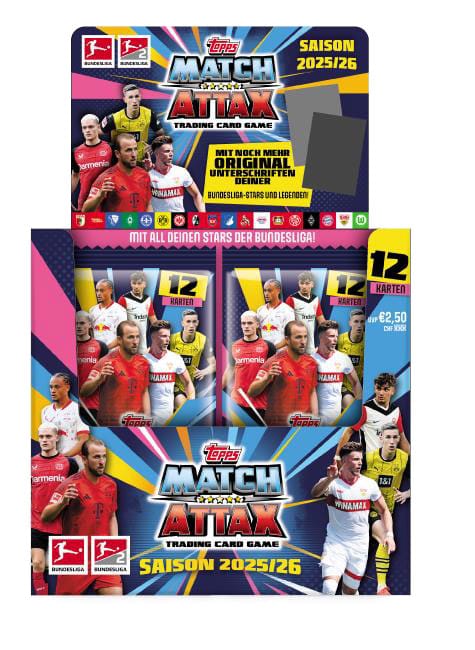 Présentoir de 36 boosters Topps Match Attax Bundesliga 2025/26, avec logos Topps et Bundesliga