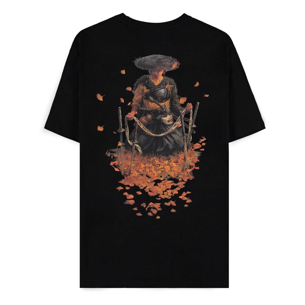 Détail du motif Samurai sur le T-shirt Ghost of Yotei noir en coton