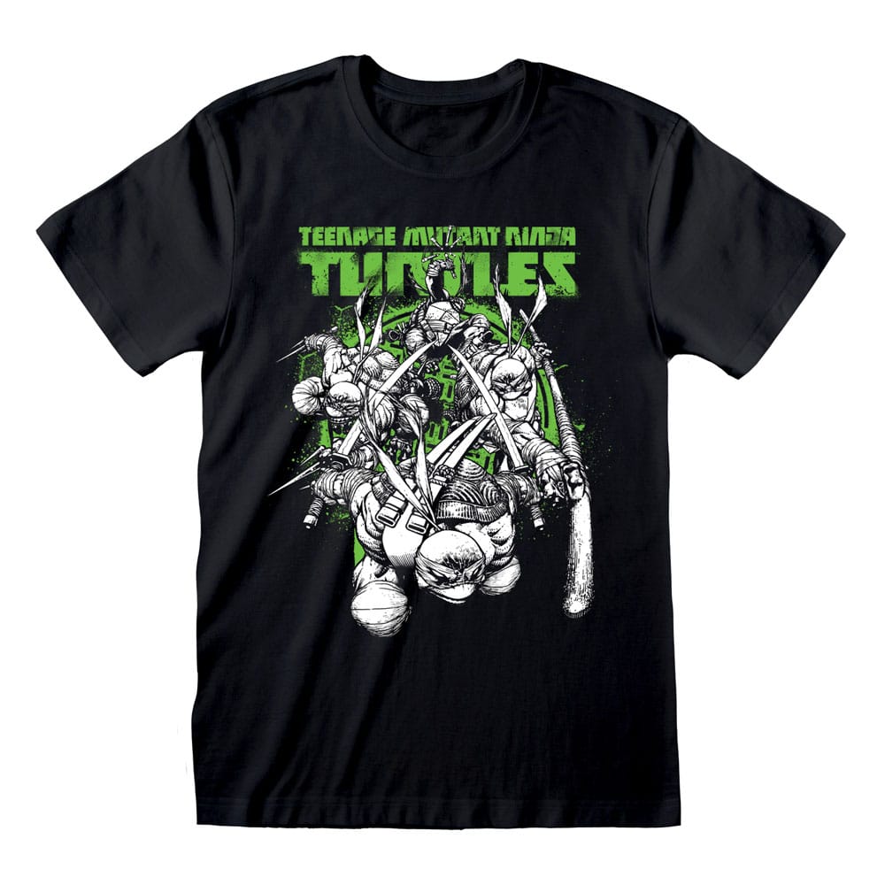 T-Shirt Tortues Ninja Freefall taille L, motif dynamique des Tortues Ninja en pleine action sur un fond sombre.