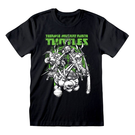 T-Shirt Tortues Ninja Freefall taille L, motif dynamique des Tortues Ninja en pleine action sur un fond sombre.