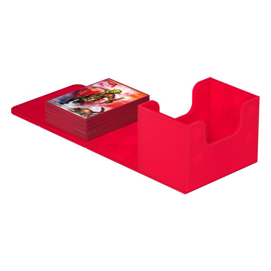 Boîte de deck Ultimate Guard Sidewinder 80+ Rouge ouverte montrant l'intérieur