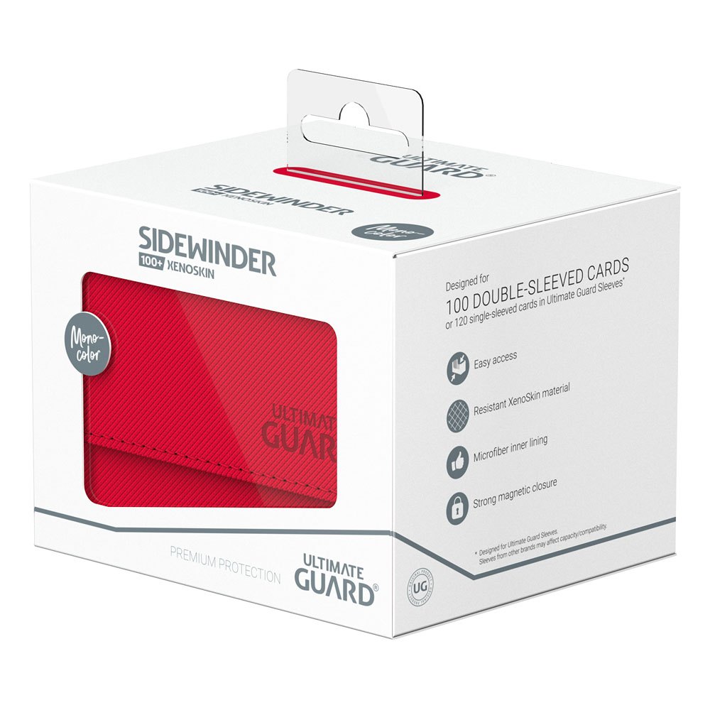 Vue latérale de la boîte Ultimate Guard Sidewinder 100+ rouge avec ses dimensions