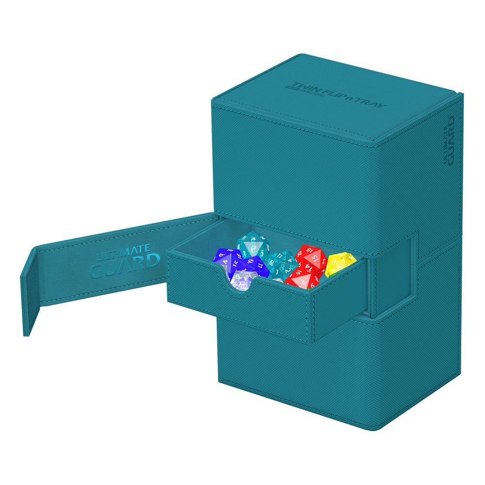 Tiroirs de la Ultimate Guard Twin Flip'n'Tray 160+ retirés, montrant les cartes et dés