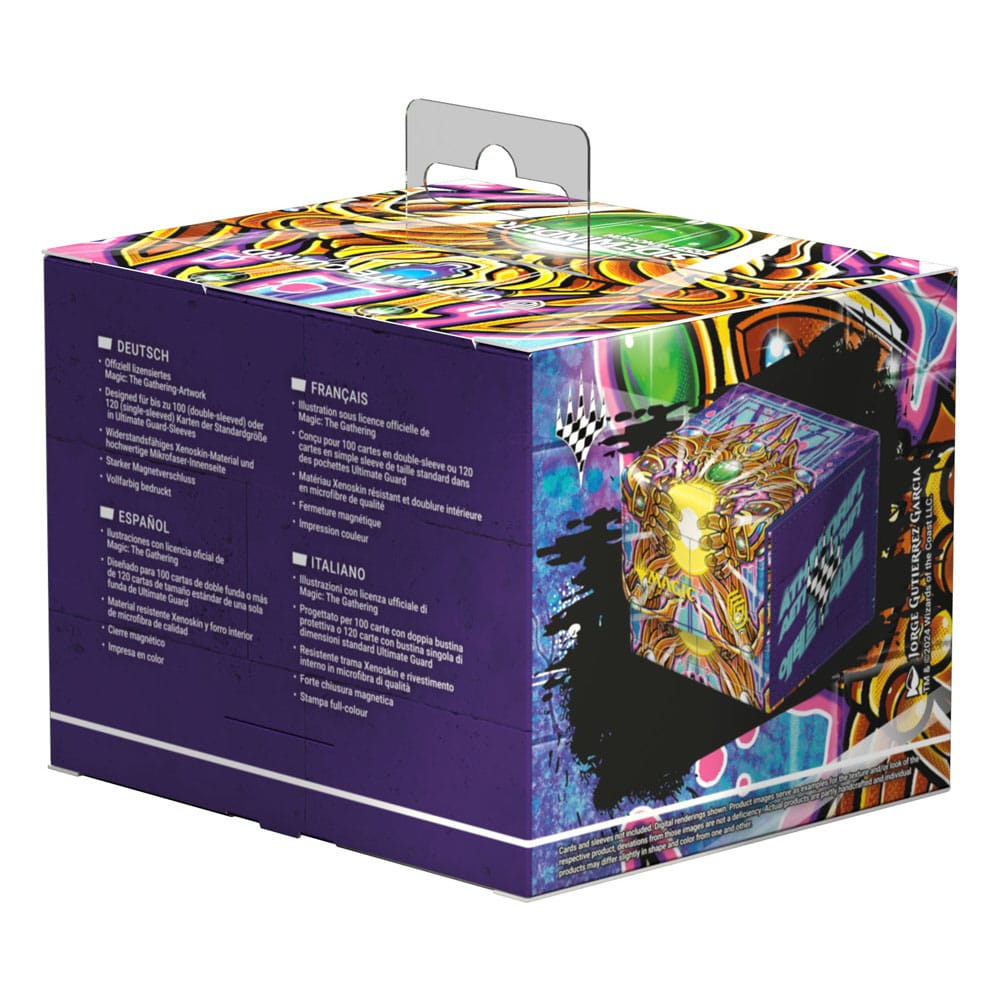 Dimensions de la boîte de deck Ultimate Guard Sidewinder 100+ comparées à une main