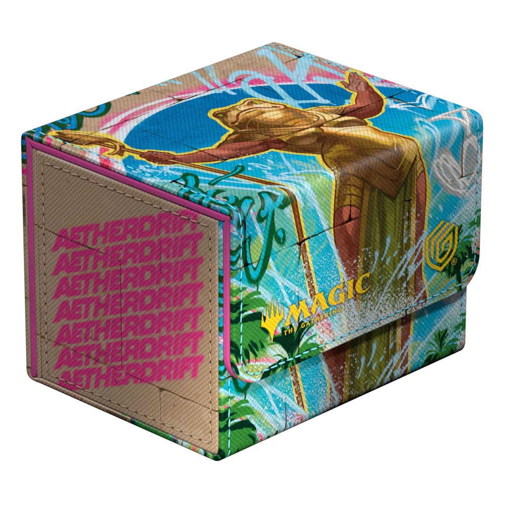 Boîte de deck Ultimate Guard Sidewinder 100+ Xenoskin ouverte, montrant l'intérieur en microfibre et la capacité de cartes