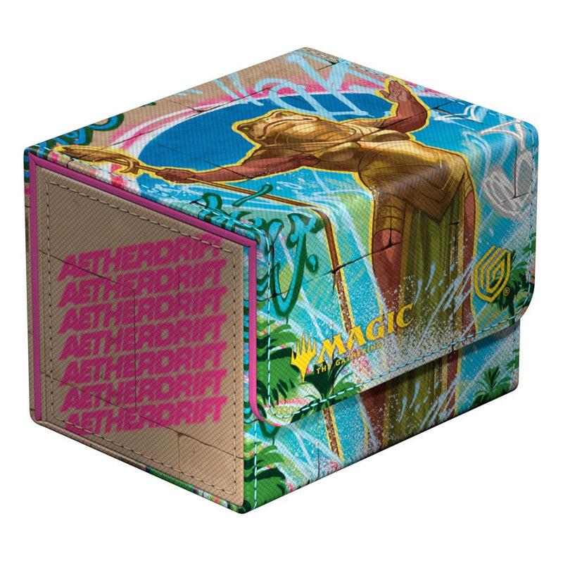 Boîte de deck Ultimate Guard Sidewinder 100+ Xenoskin ouverte, montrant l'intérieur en microfibre et la capacité de cartes