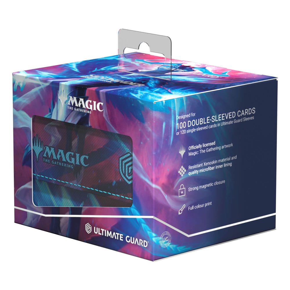 Gros plan sur le logo Ultimate Guard et la texture Xenoskin de la boîte de deck Tarkir Dragonstorm Ghostfire