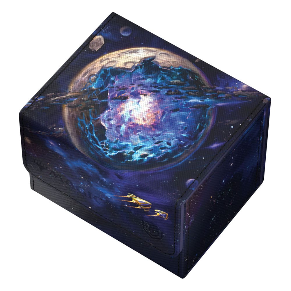 Gros plan sur le matériau Xenoskin et l'illustration Gemstone Caverns de la deck box Ultimate Guard