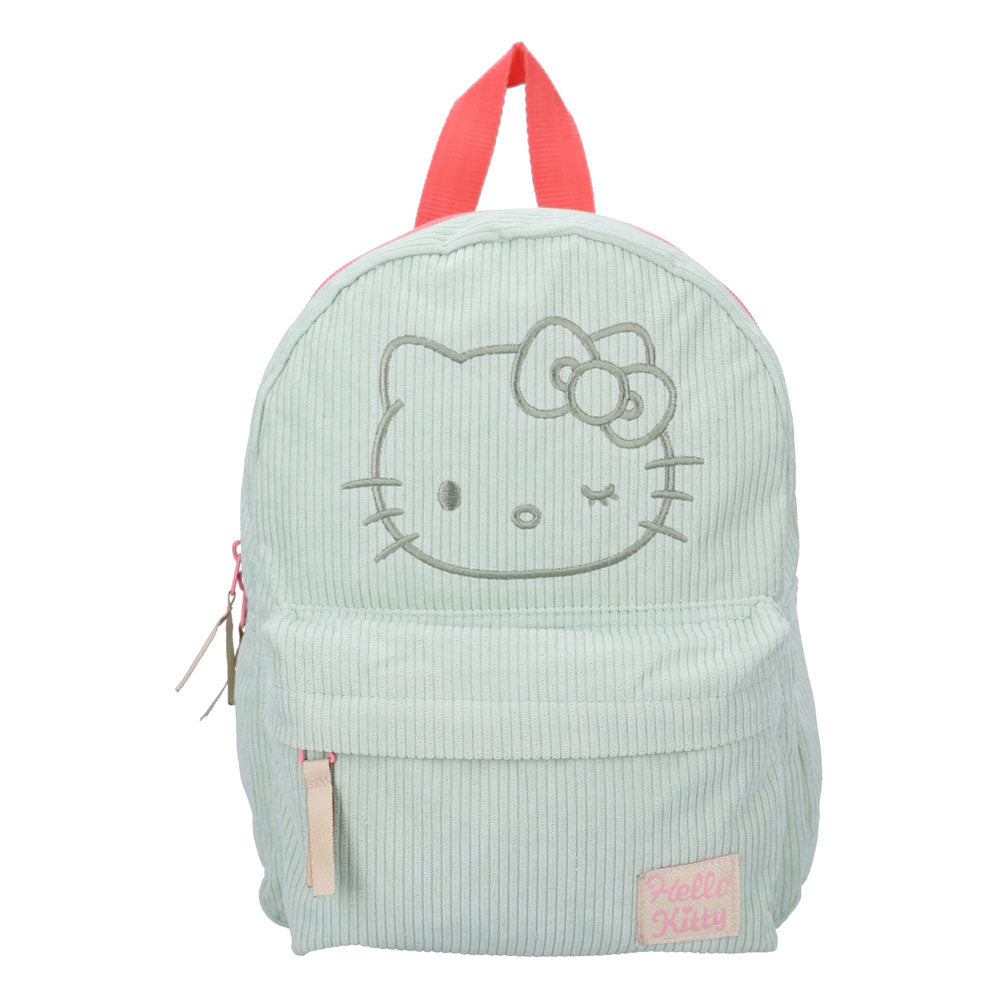 Détail du design Hello Kitty et inscription 'Have a Nice Day' sur le sac à dos vert